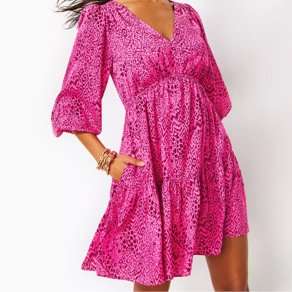 NWOT Lilly Pulitzer Deacon Print 3/4 Sleeve Dress In Cerise Pink Pattern Play